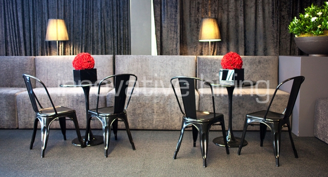 Features: Forbes Booth Lounges & Tulip Cafe Tables with Tolix Chairs