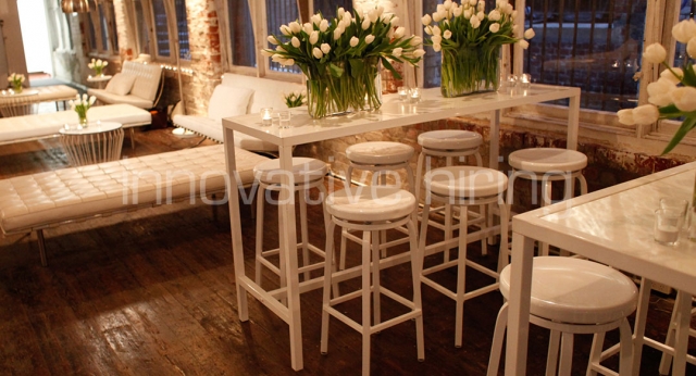 Features: Marine Stools with Bench Bars and Barcelona Ottomans
